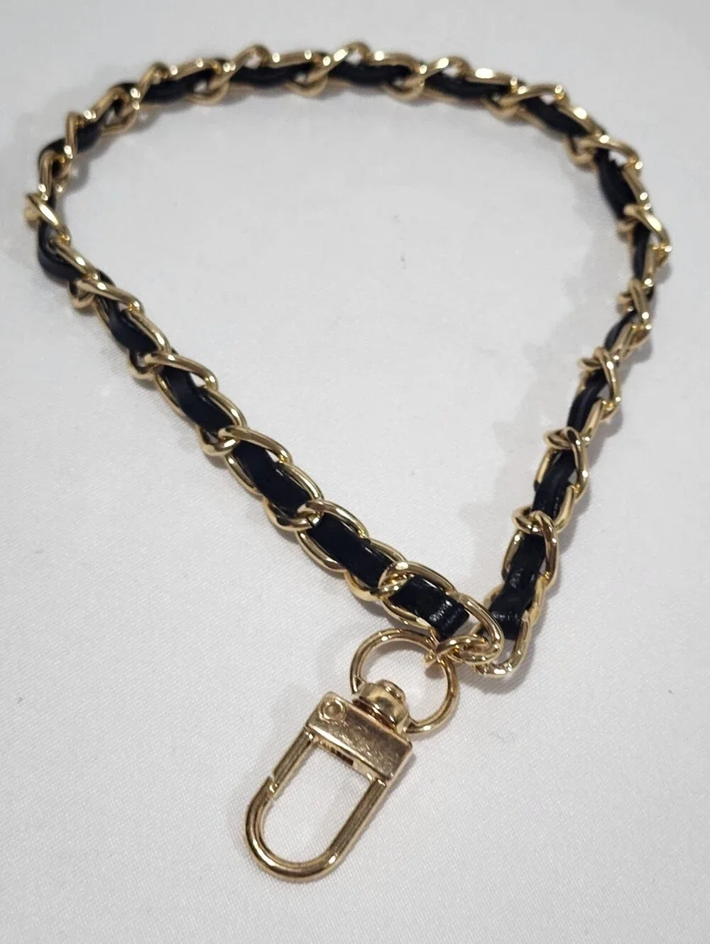 Gold chain Black Leather Phone Lanyard Wristlet Strap with Tether Tab Detachable